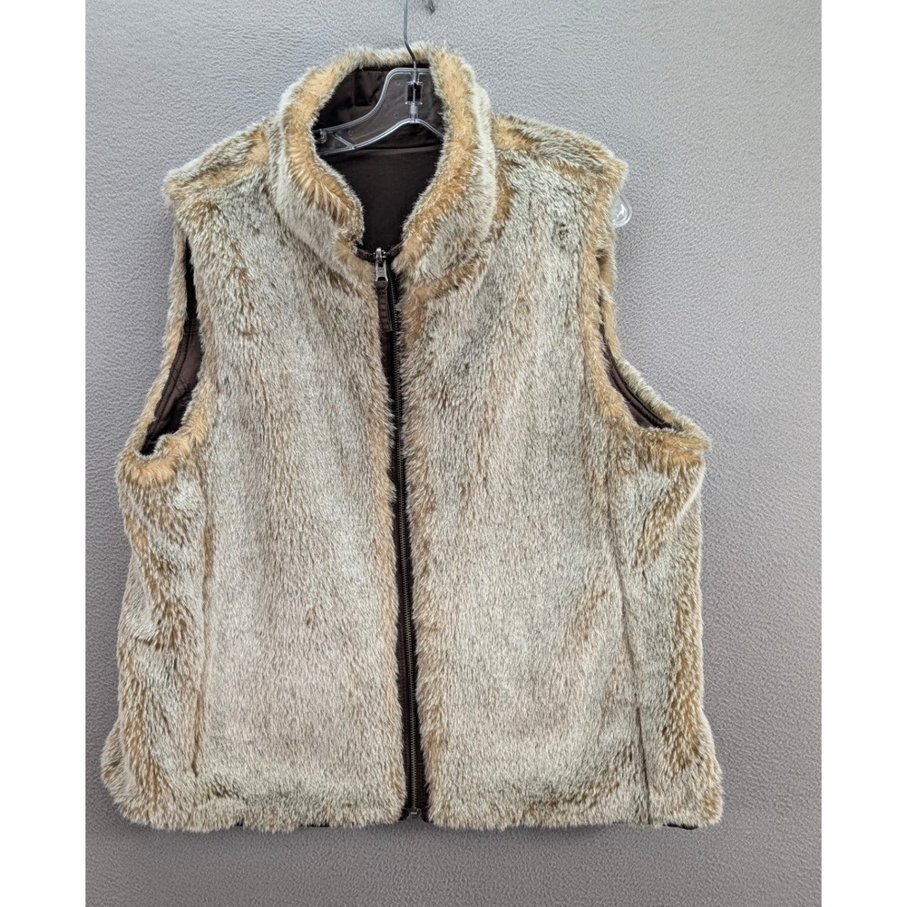 Women's Reversible Faux Fur Vest Brown Full Zip Stand Collar Pockets Size‎ L? - Picture 2 of 8